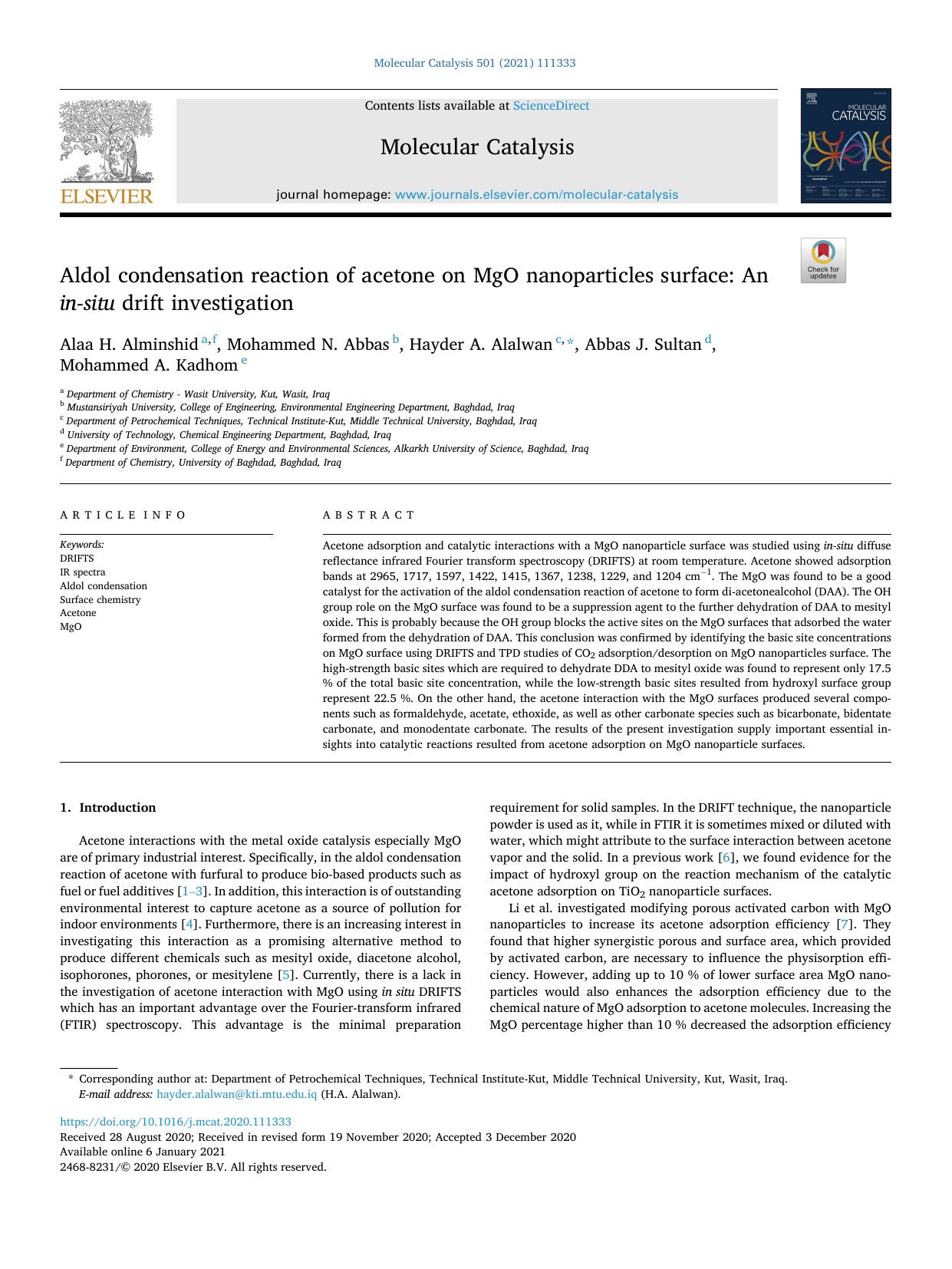 Aldol condensation reaction of acetone on MgO nanoparticles surface: An in-situ drift investigation by Alaa H. Alminshid & Mohammed N. Abbas & Hayder A. Alalwan & Abbas J. Sultan & Mohammed A. Kadhom