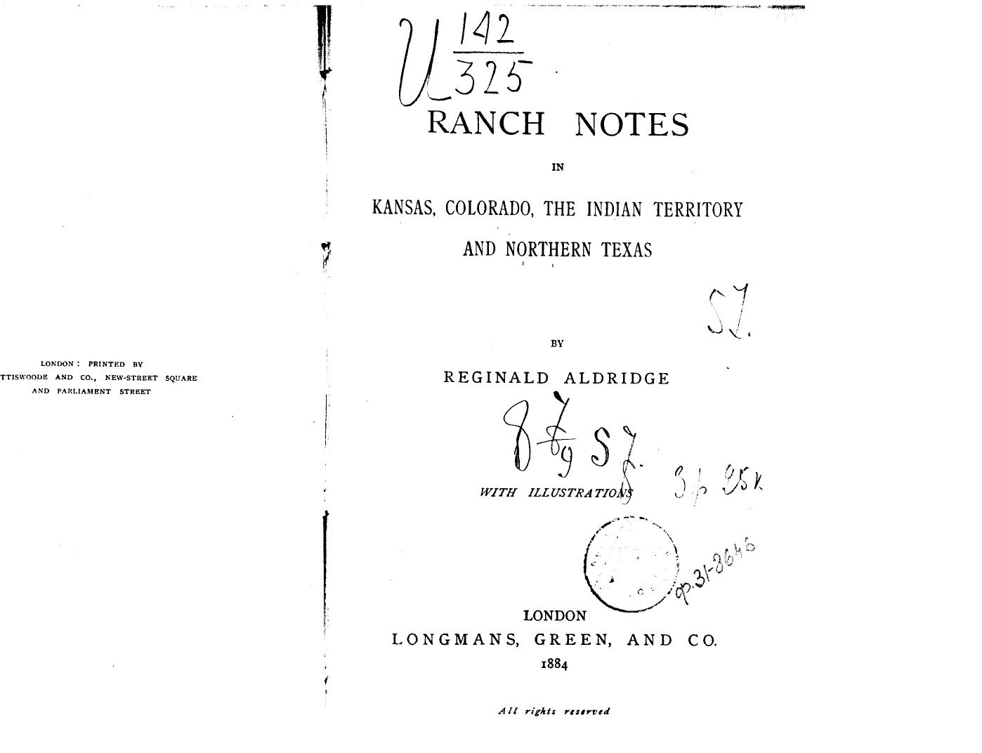 Aldridge, BY Reginald Aldridge - Ranch notes by 1884