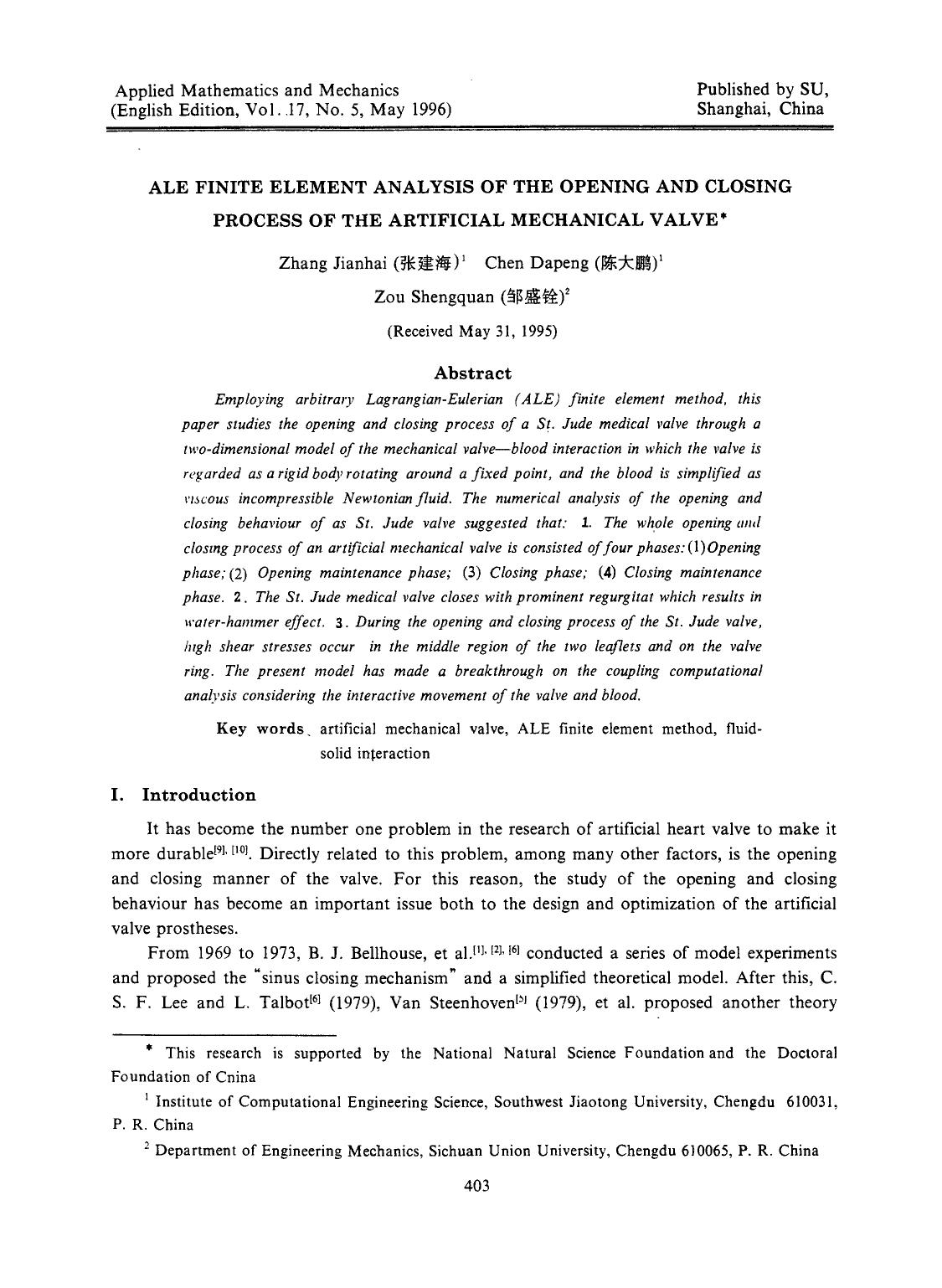 Ale finite element analysis of the opening and closing process of the artificial mechanical valve by Unknown