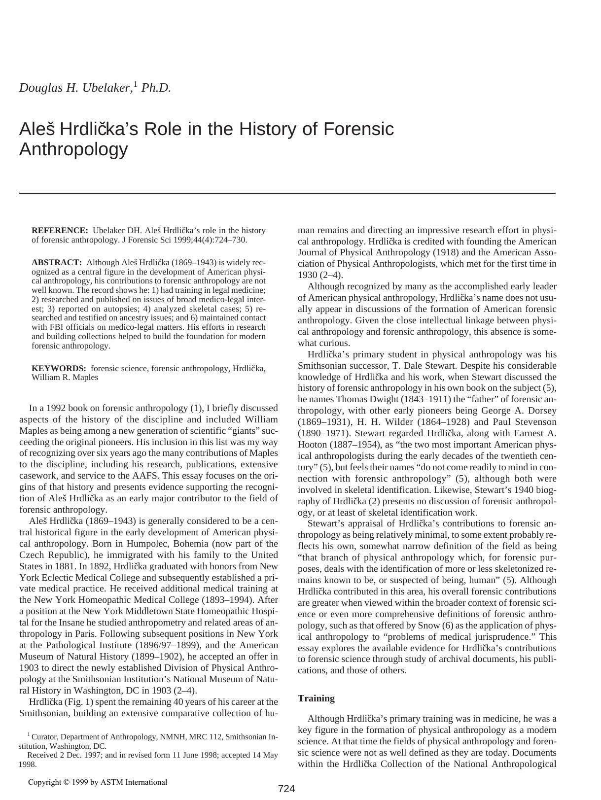 Ale&scaron; Hrdlicka's role in the history of forensic anthropology by Ubelaker D