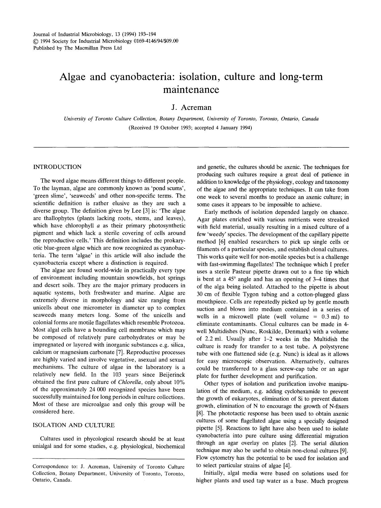 Algae and cyanobacteria: isolation, culture and long-term maintenance by Unknown