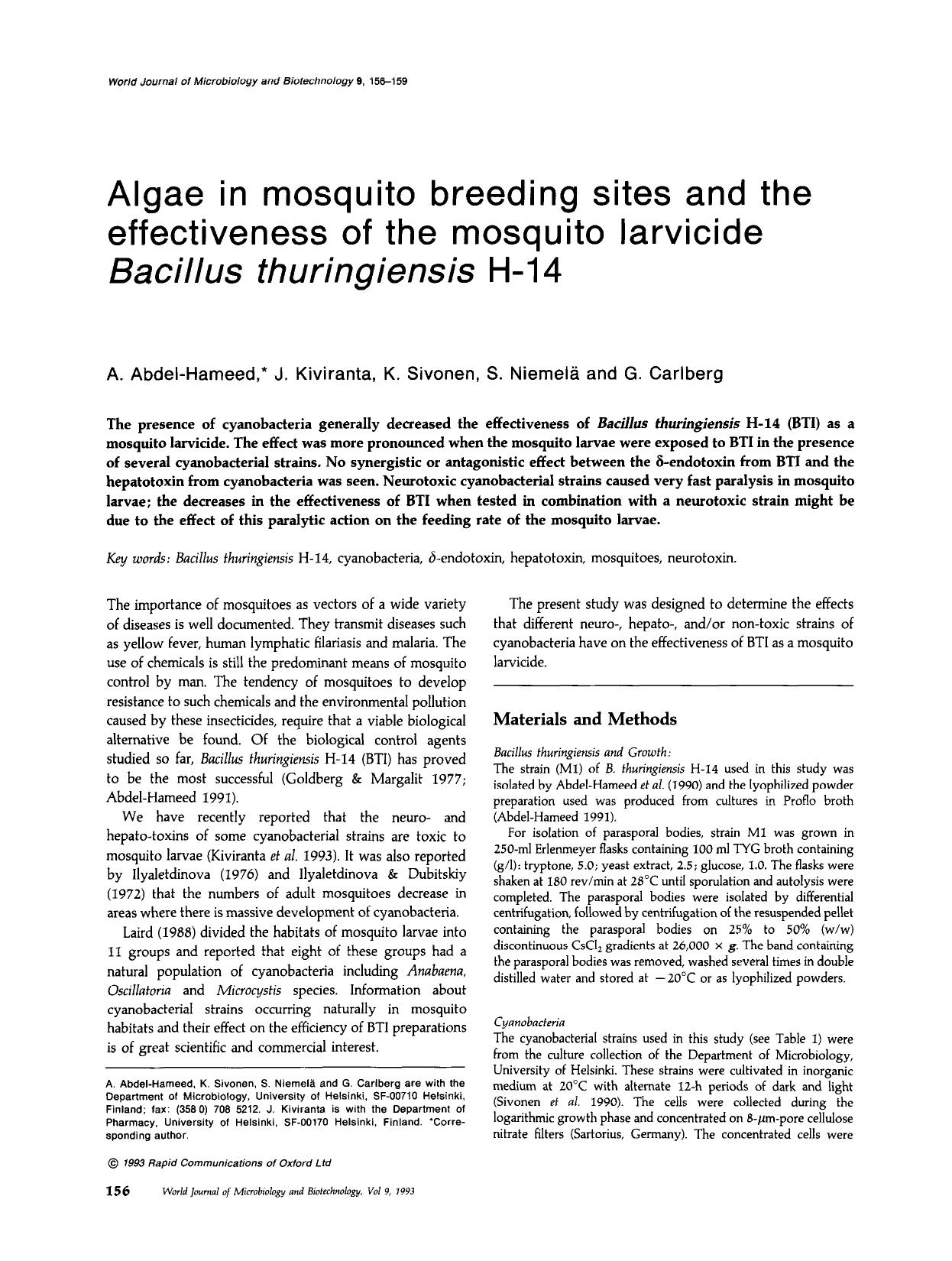Algae in mosquito breeding sites and the effectiveness of the mosquito larvicide <Emphasis Type="Italic">Bacillus thuringiensis<Emphasis> H-14 by Unknown