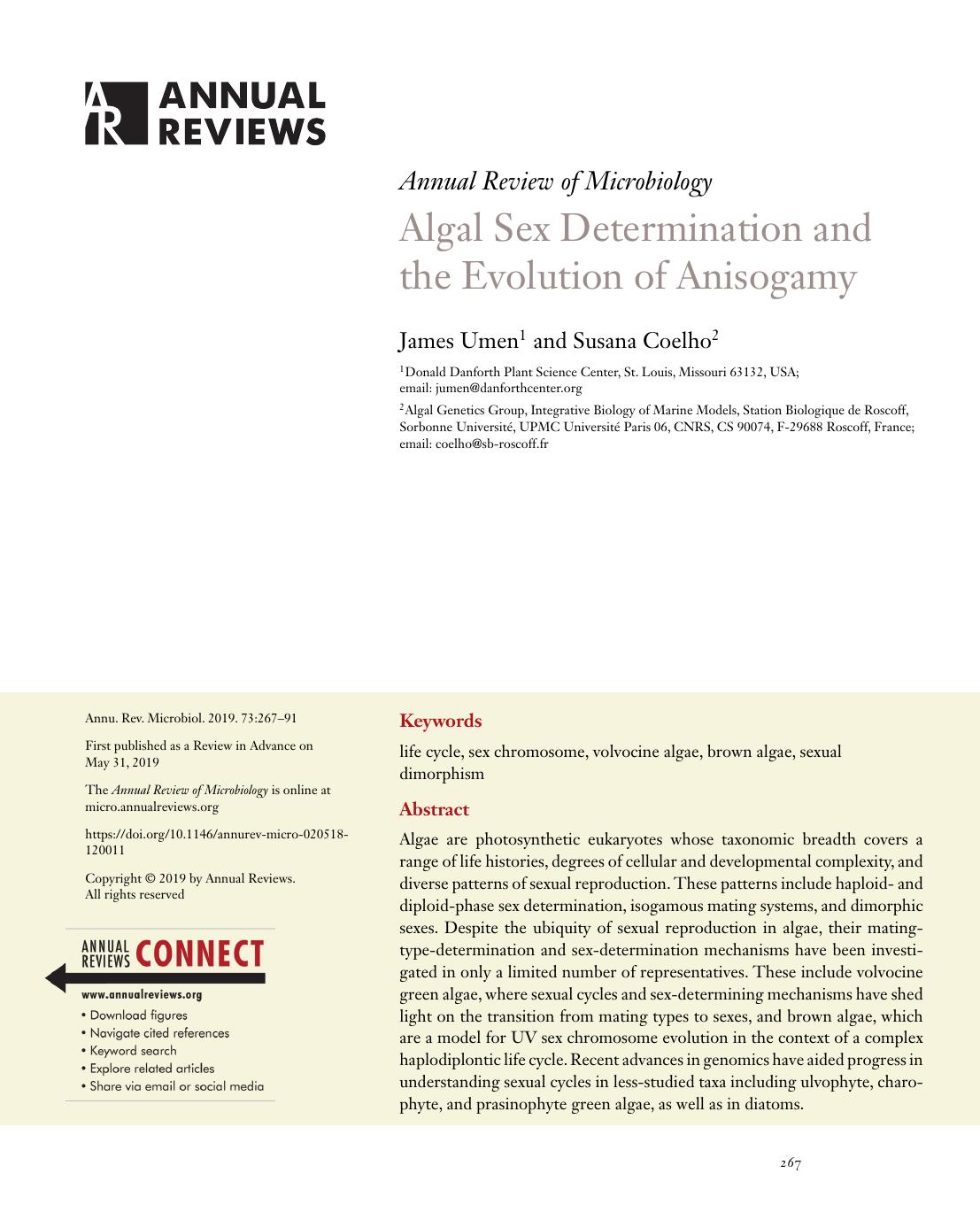 Algal Sex Determination and the Evolution of Anisogamy by James Umen and Susana Coelho