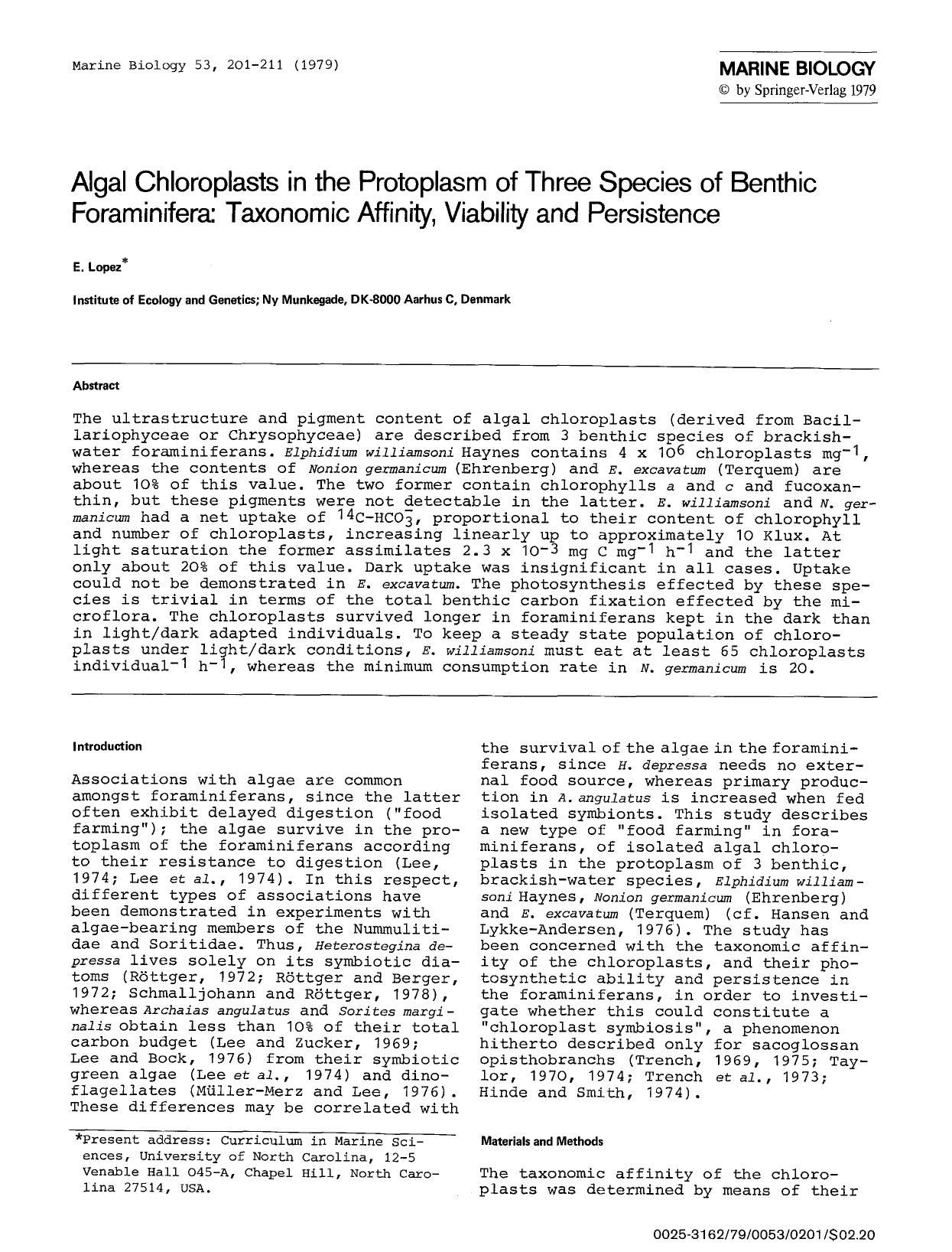 Algal chloroplasts in the protoplasm of three species of benthic foraminifera: taxonomic affinity, viability and persistence by Unknown