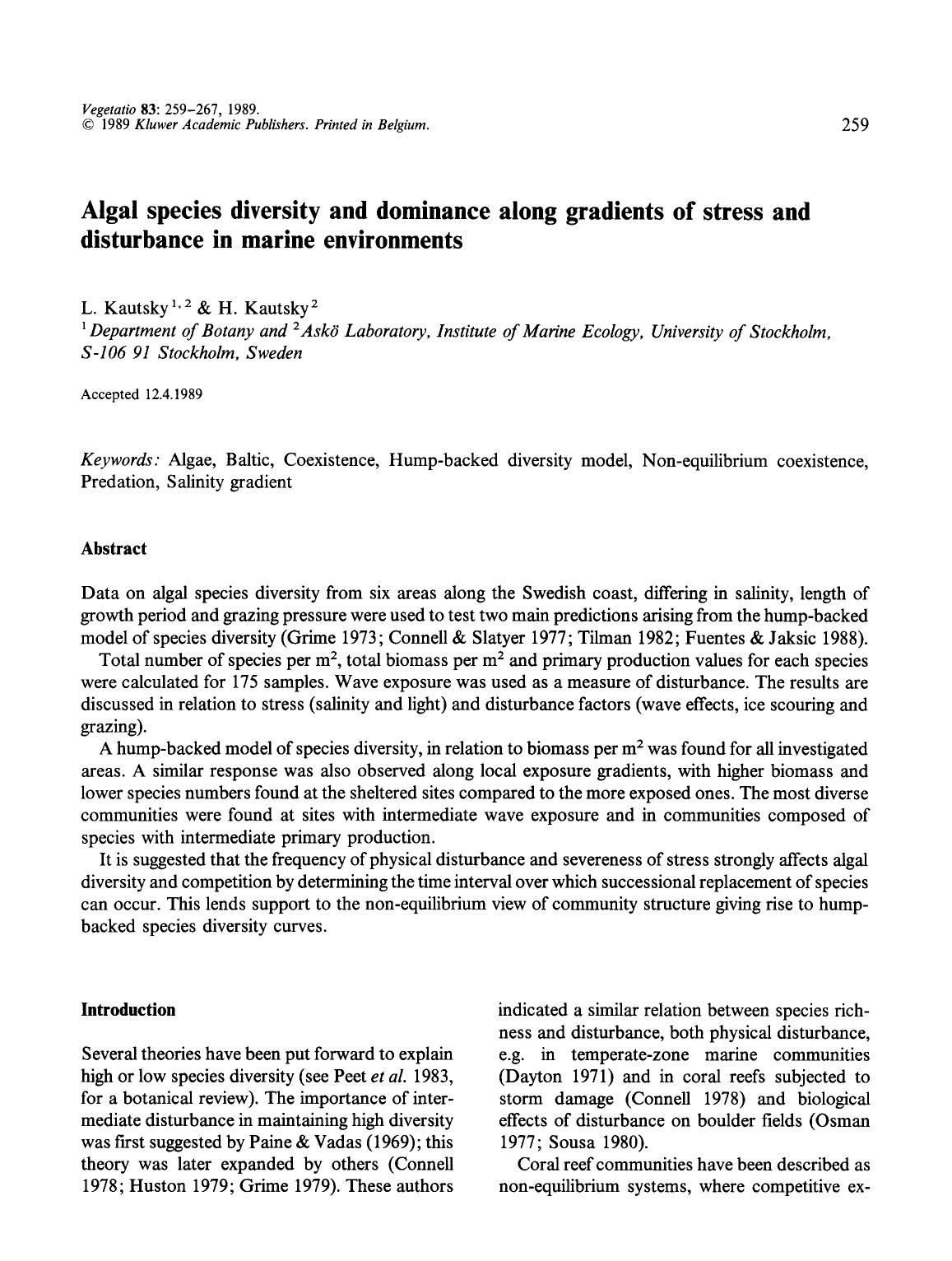 Algal species diversity and dominance along gradients of stress and disturbance in marine environments by Unknown
