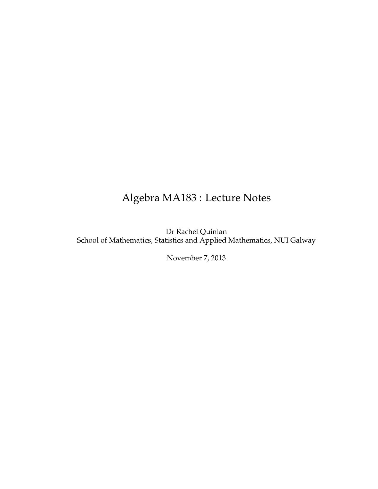 Algebra MA183 : Lecture Notes by Rachel Quinlan