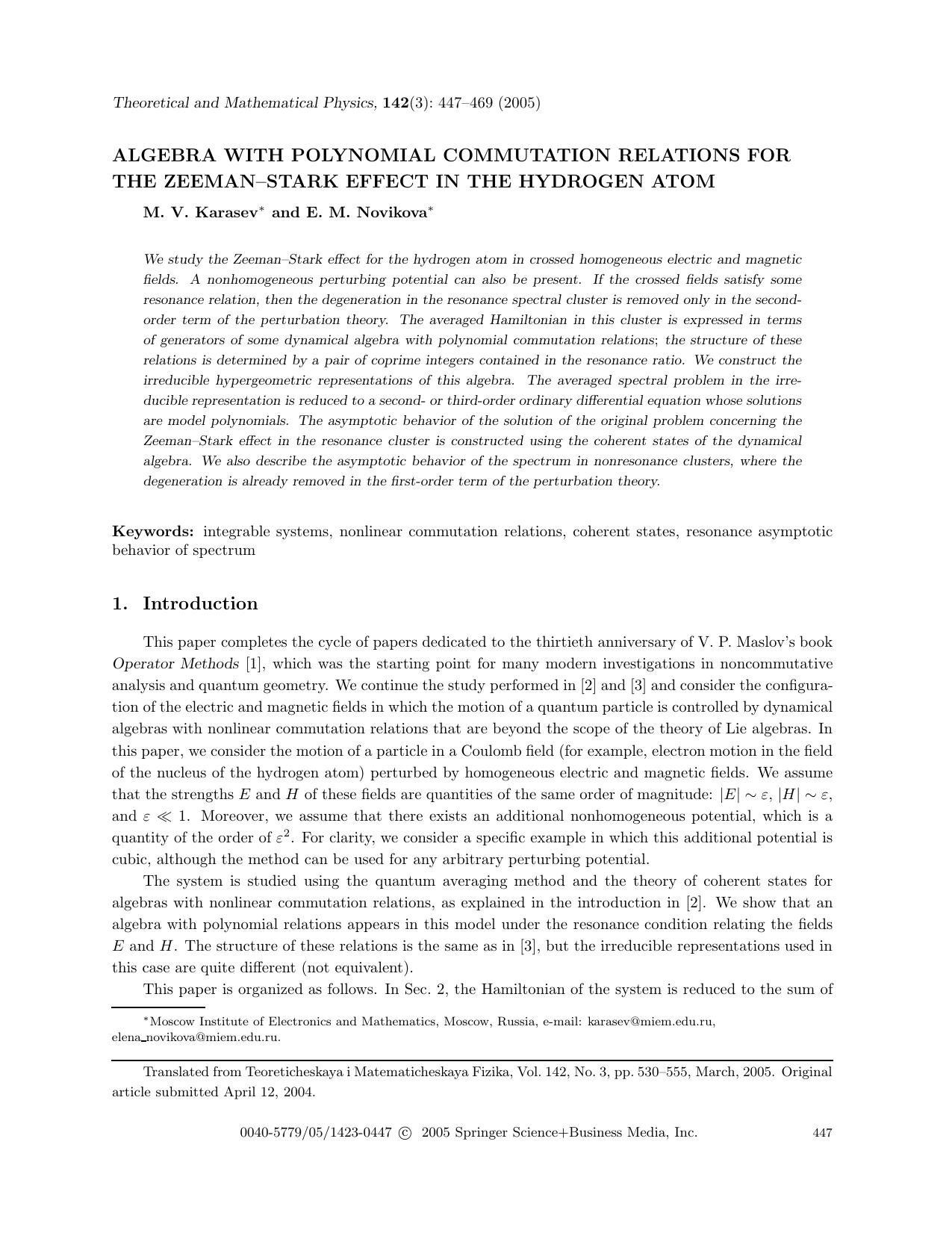Algebra with polynomial commutation relations for the Zeeman-Stark effect in the hydrogen atom by Unknown