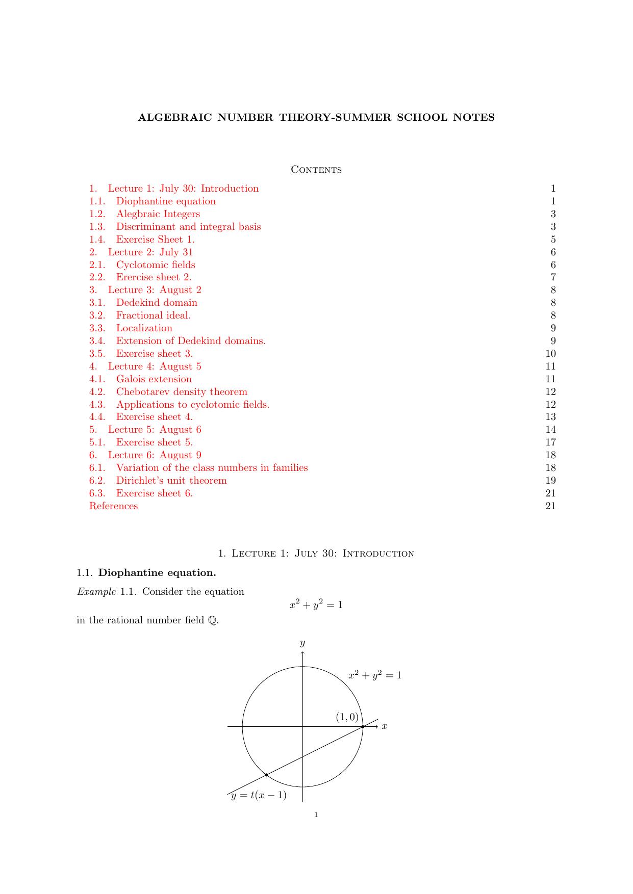 Algebraic Number Theory - Summer School Notes by 中国科学院数学与系统科学研究院