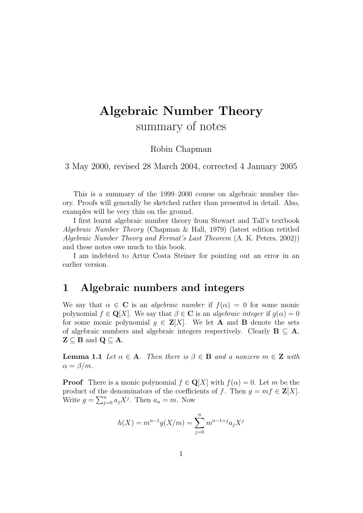 Algebraic Number Theory: summary of notes [Lecture notes] by Robin Chapman