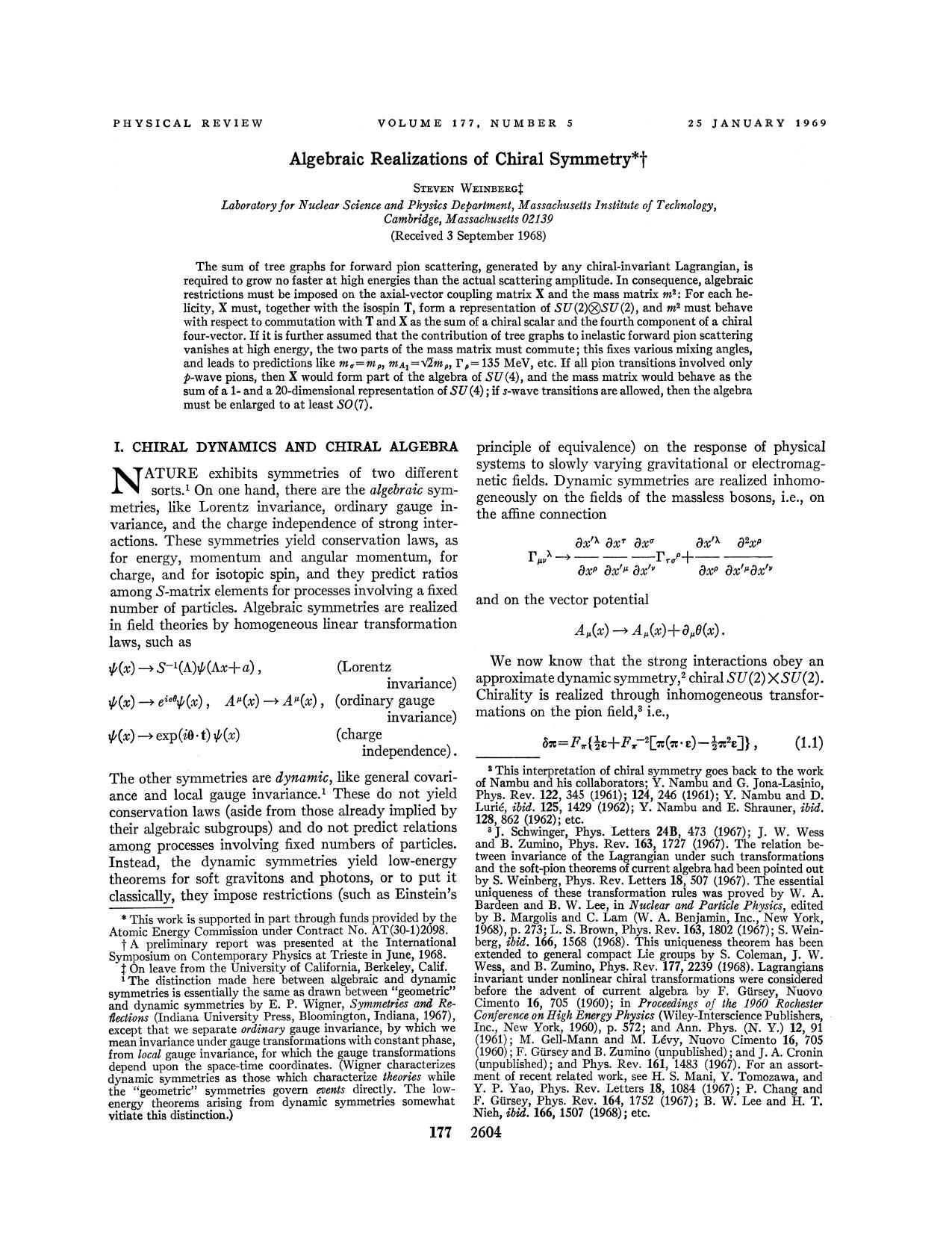Algebraic Realizations of Chiral Symmetry by Steven Weinberg