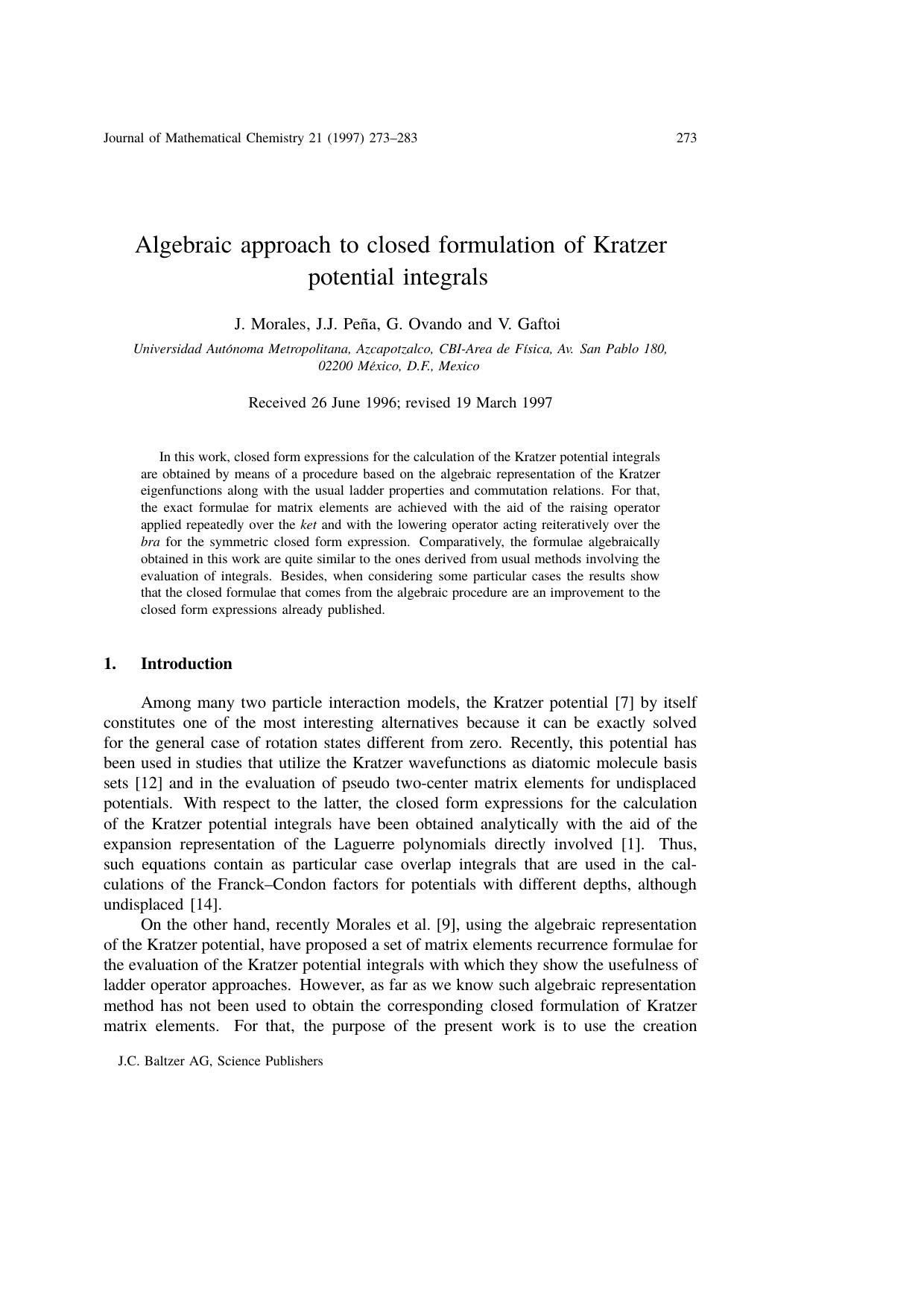 Algebraic approach to closed formulation of Kratzer potential integrals by Unknown