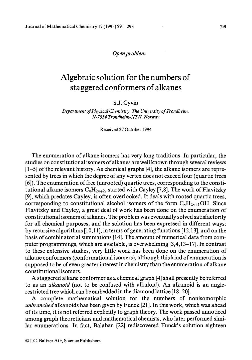 Algebraic solution for the numbers of staggered conformers of alkanes by Unknown