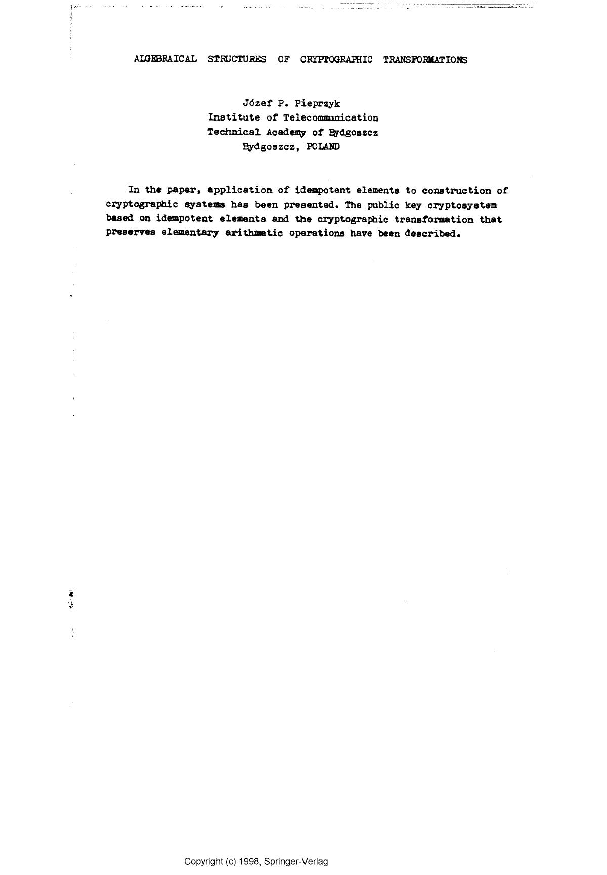 Algebraical structures of cryptographic transformations by Pieprzyk J