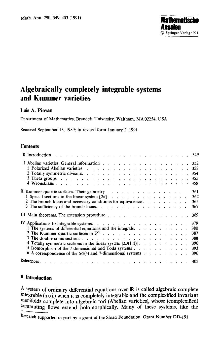Algebraically completely integrable systems and Kummer varieties by Unknown
