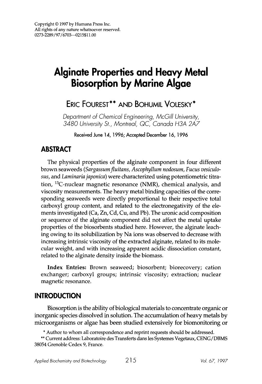 Alginate Properties and Heavy Metal Biosorption by Marine Algae by Unknown