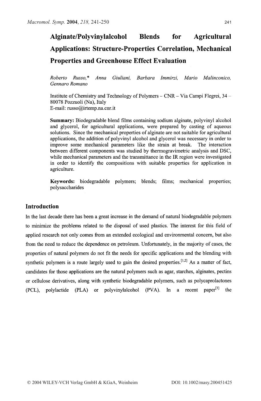 AlginatePolyvinylalcohol Blends for Agricultural Applications[colon] Structure-Properties Correlation[comma] Mechanical Properties and Greenhouse Effect Evaluation by Unknown