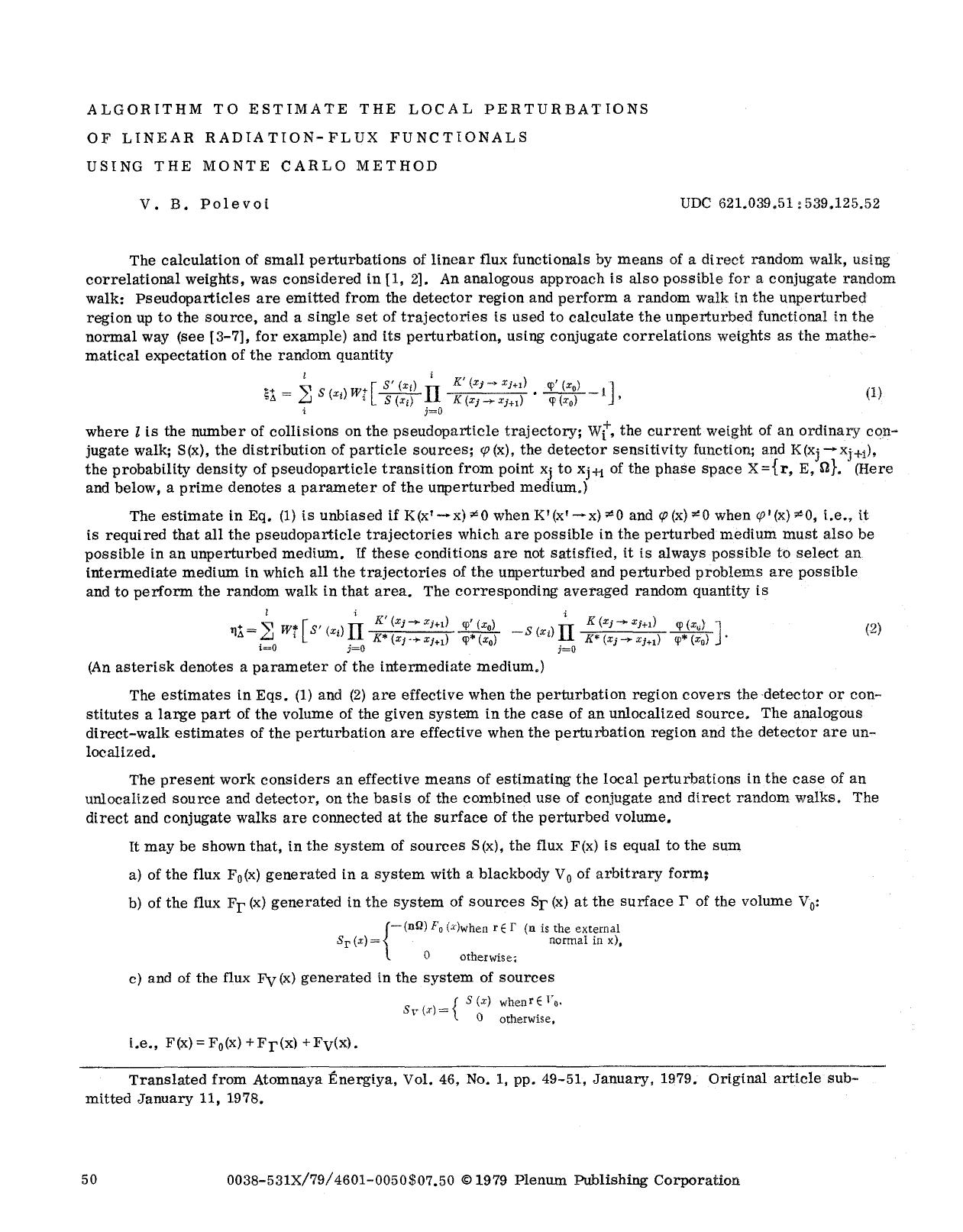 Algorithm to estimate the local perturbations of linear radiation-flux functionals using the Monte Carlo method by Unknown