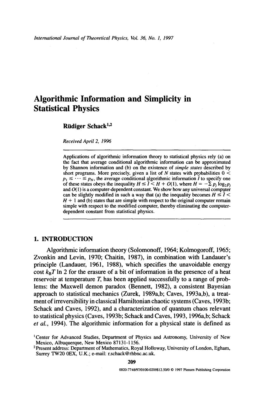 Algorithmic information and simplicity in statistical physics by Unknown