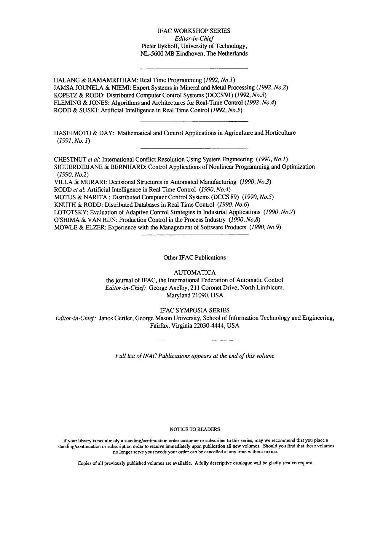 Algorithms and Architectures for Real-Time Control 1991 by P.J. Fleming D.I. Jones