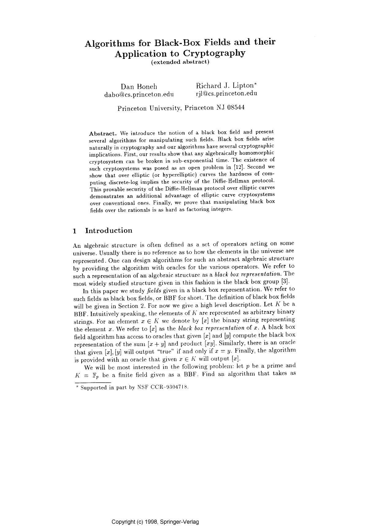 Algorithms for Black-Box Fields and Their Application to Cryptography by Boneh D. & Lipton R. J