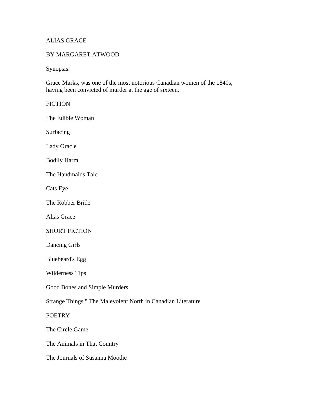 Alias Grace: A Novel by Margaret Atwood