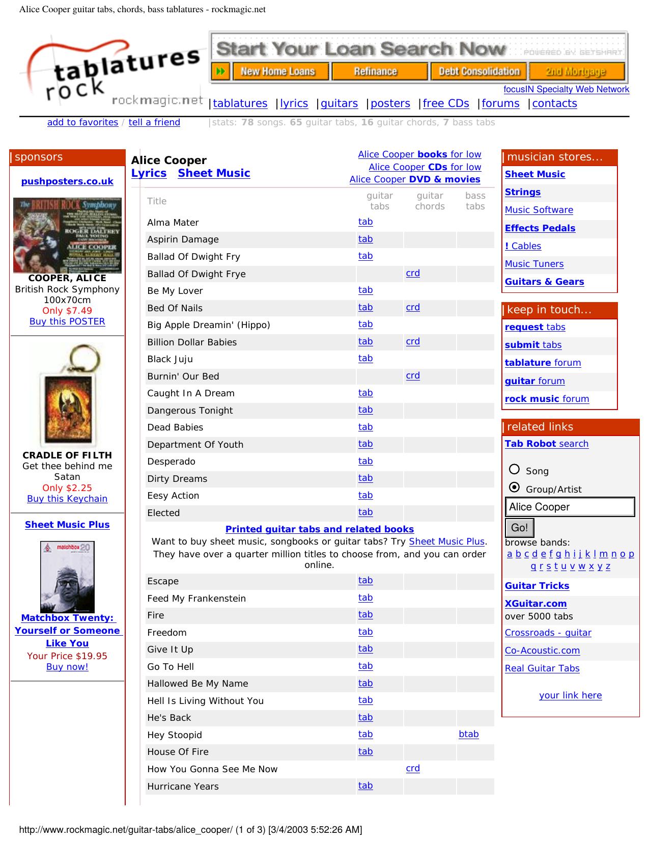 Alice Cooper guitar tabs, chords, bass tablatures - rockmagic.net by Greatest Hits