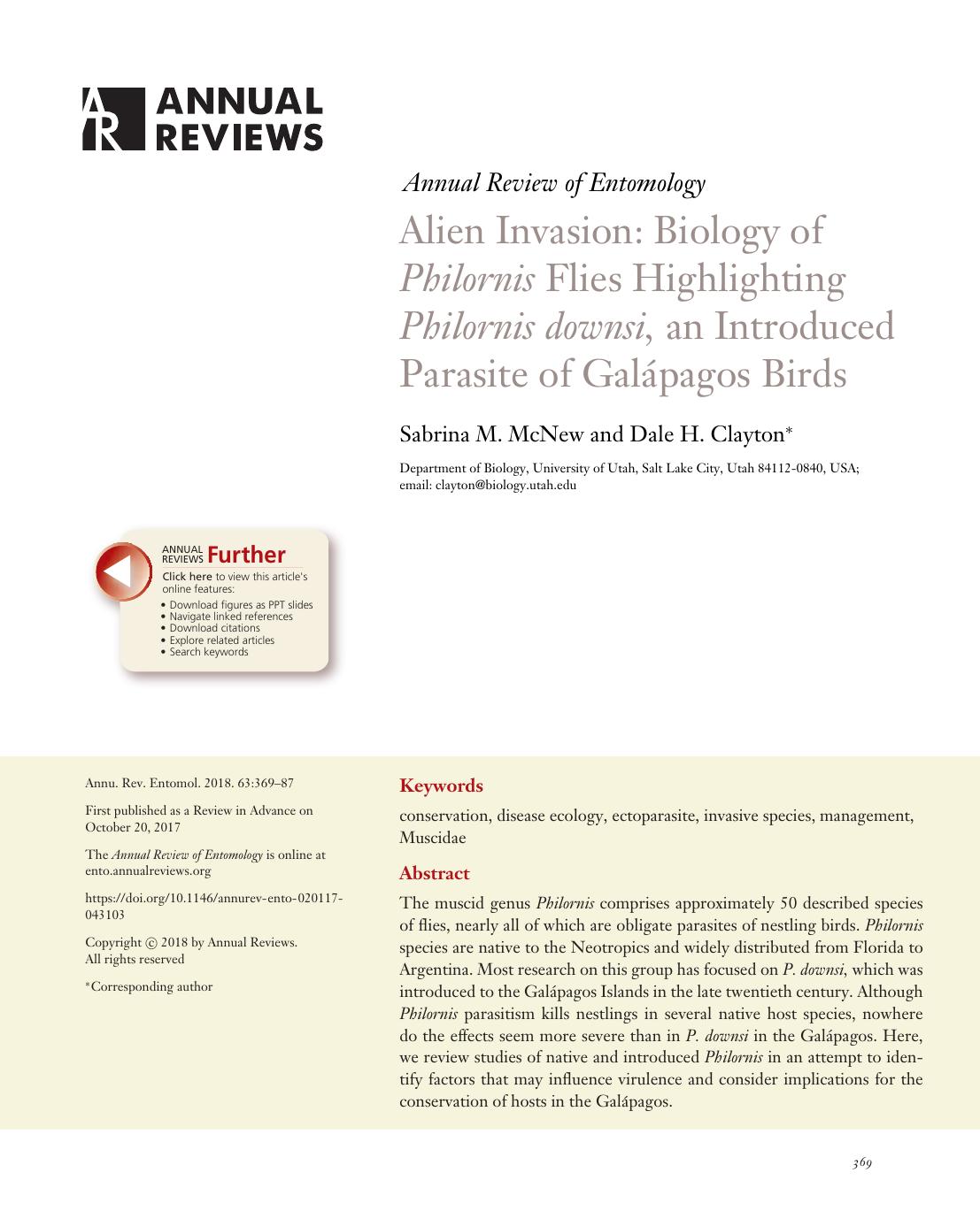 Alien Invasion: Biology of Philornis Flies Highlighting Philornis downsi, an Introduced Parasite of GalÃ¡pagos Birds by Sabrina M. McNew and Dale H. Clayton