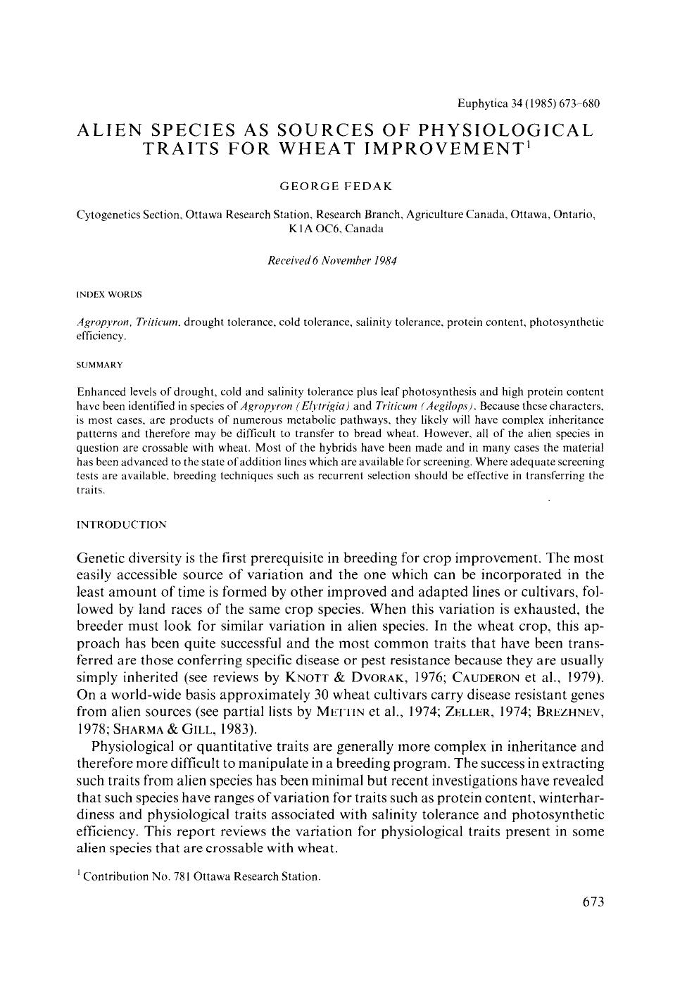 Alien species as sources of physiological traits for wheat improvement by Unknown