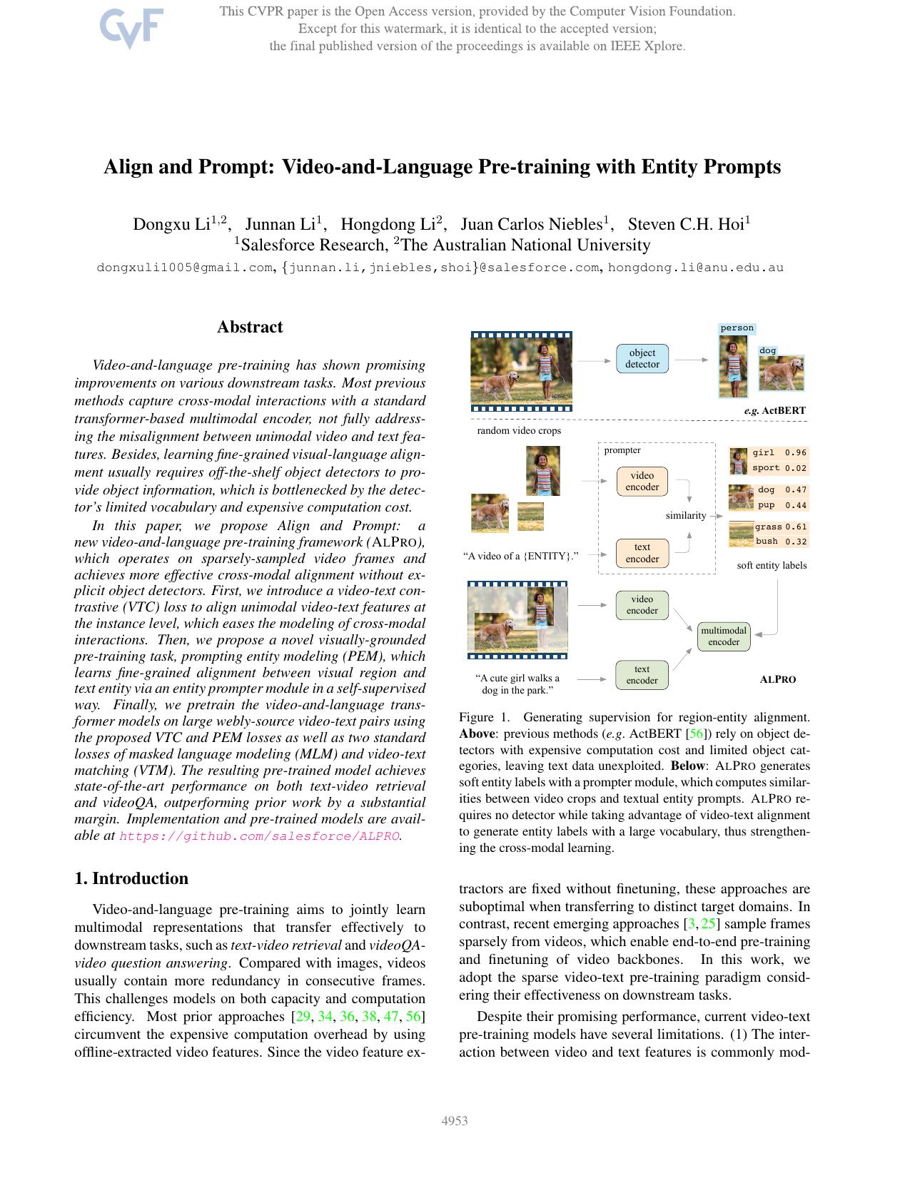 Align and Prompt: Video-and-Language Pre-Training With Entity Prompts by Dongxu Li & Junnan Li & Hongdong Li & Juan Carlos Niebles & Steven C.H. Hoi