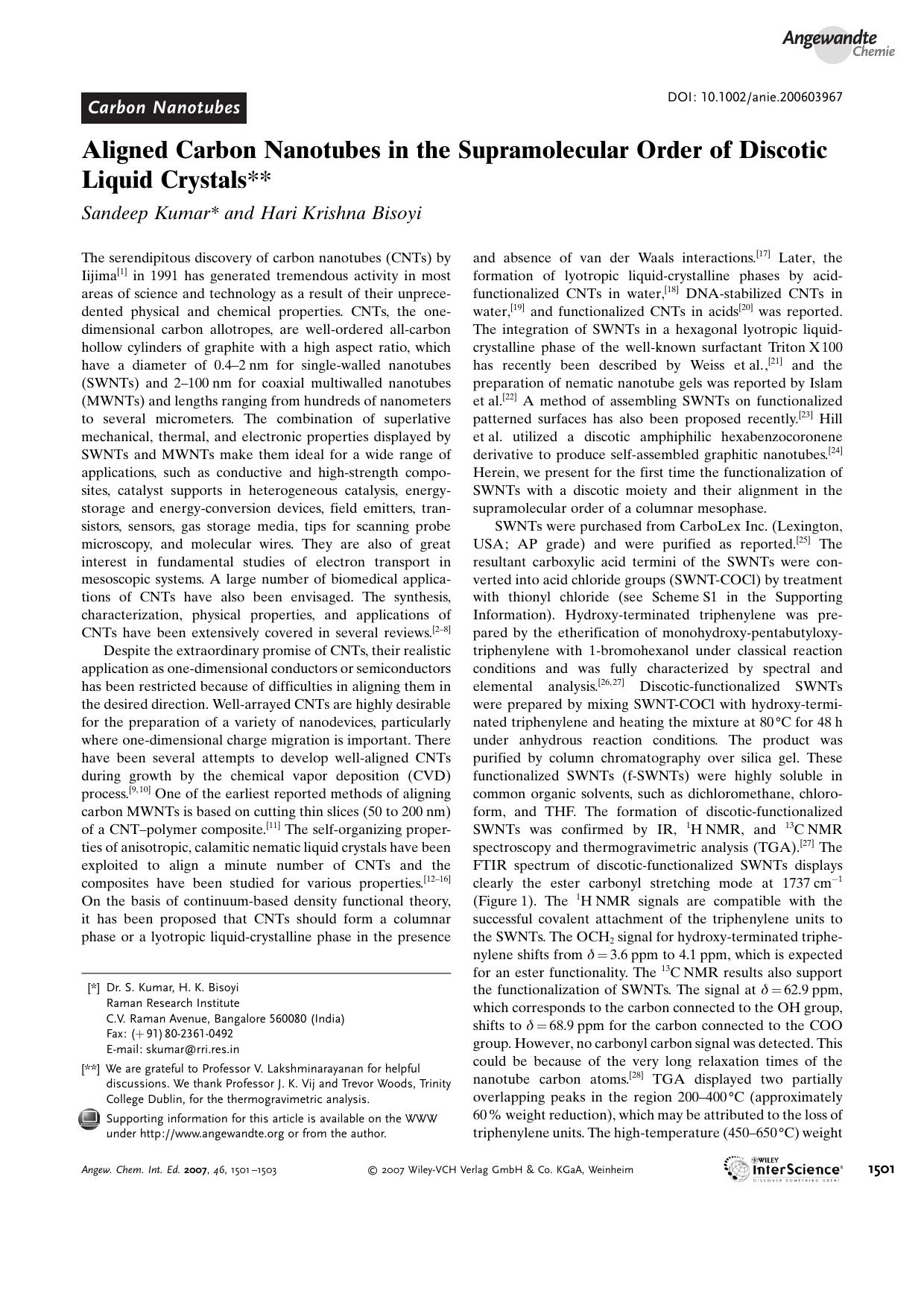 Aligned Carbon Nanotubes in the Supramolecular Order of Discotic Liquid Crystals by Unknown