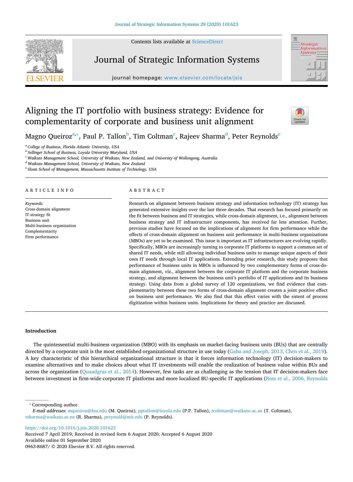 Aligning the IT portfolio with business strategy_ Evidence for complementarity of corporate and business unit alignment by Magno Queiroz & Paul P. Tallon & Tim Coltman & Rajeev Sharma & Peter Reynolds