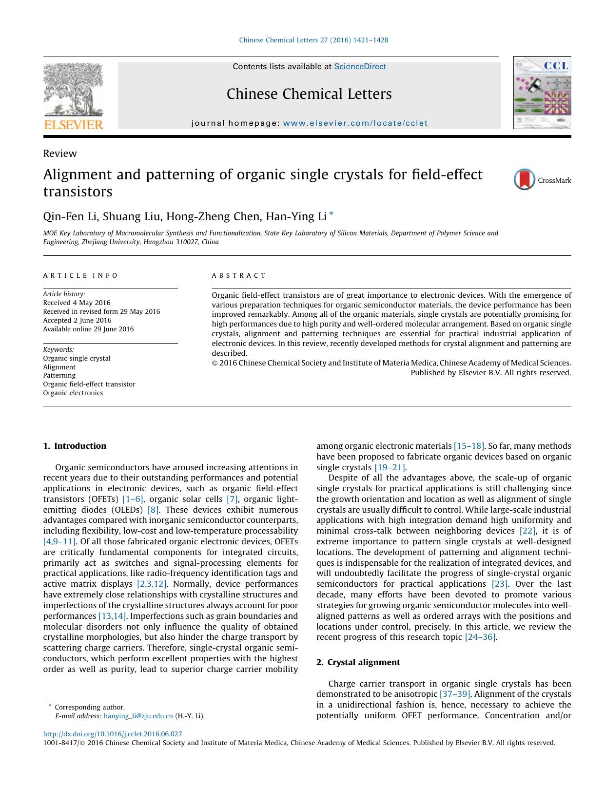 Alignment and patterning of organic single crystals for field-effect transistors by Qin-Fen Li & Shuang Liu & Hong-Zheng Chen & Han-Ying Li
