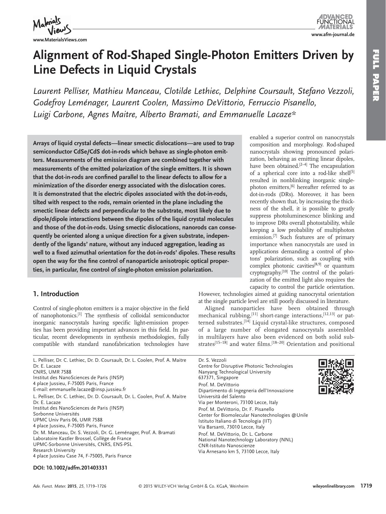 Alignment of Rod&#x02010;Shaped Single&#x02010;Photon Emitters Driven by Line Defects in Liquid Crystals by Unknown