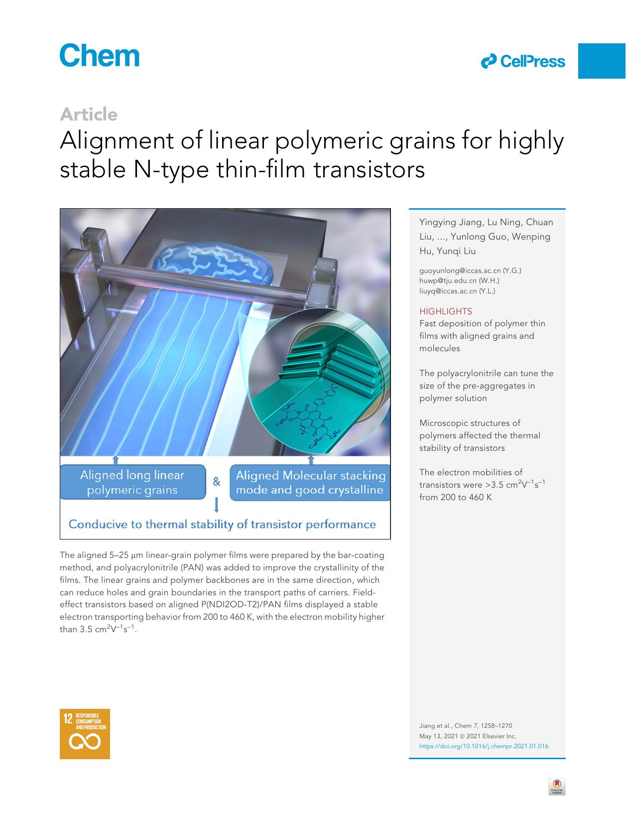 Alignment of linear polymeric grains for highly stable N-type thin-film transistors by unknow