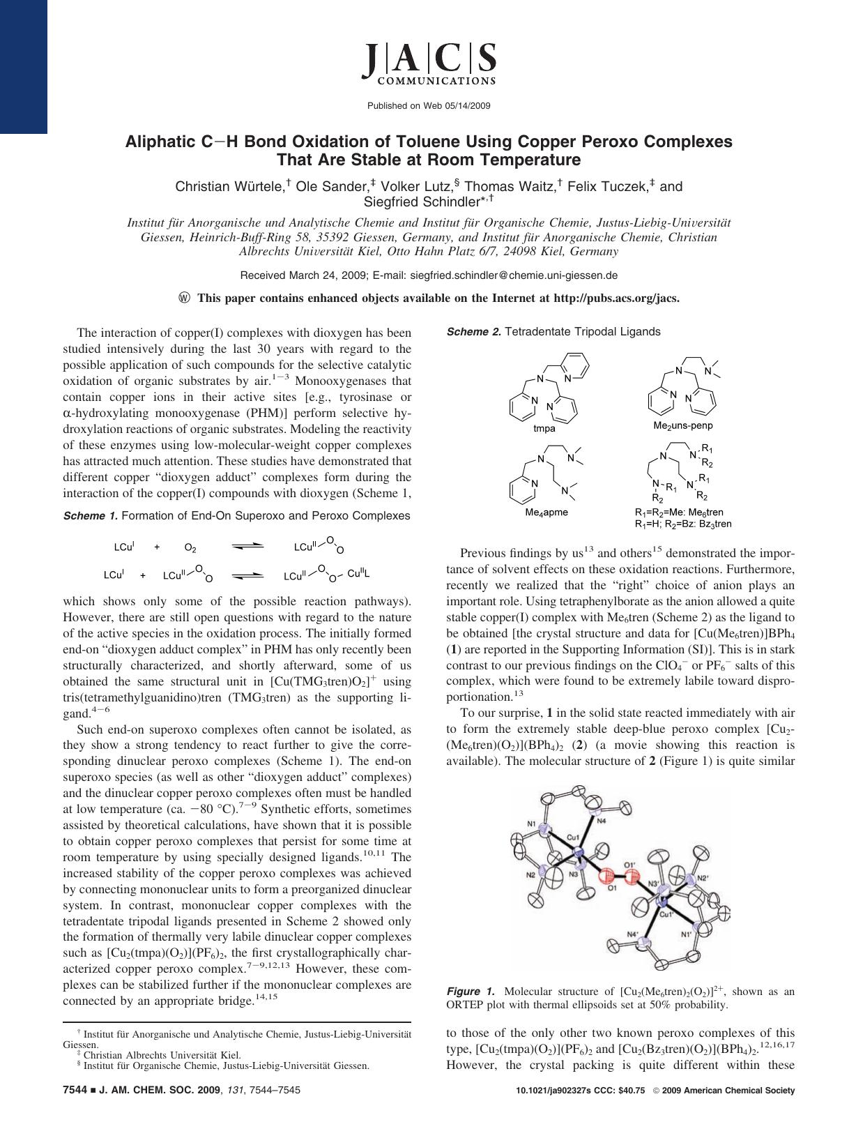 Aliphatic CâH Bond Oxidation of Toluene Using Copper Peroxo Complexes That Are Stable at Room Temperature by unknow