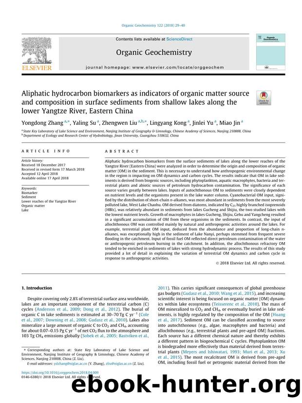 Aliphatic hydrocarbon biomarkers as indicators of organic matter source and composition in surface sediments from shallow lakes along the lower Yangtze River, Eastern China by Yongdong Zhang & Yaling Su & Zhengwen Liu & Lingyang Kong & Jinlei Yu & Miao Jin