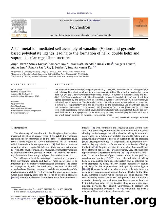 Alkali metal ion mediated self-assembly of vanadium(V) ions and pyrazole based polydentate ligands leading to the formation of helix, double helix and supramolecular cage-like structures by unknow