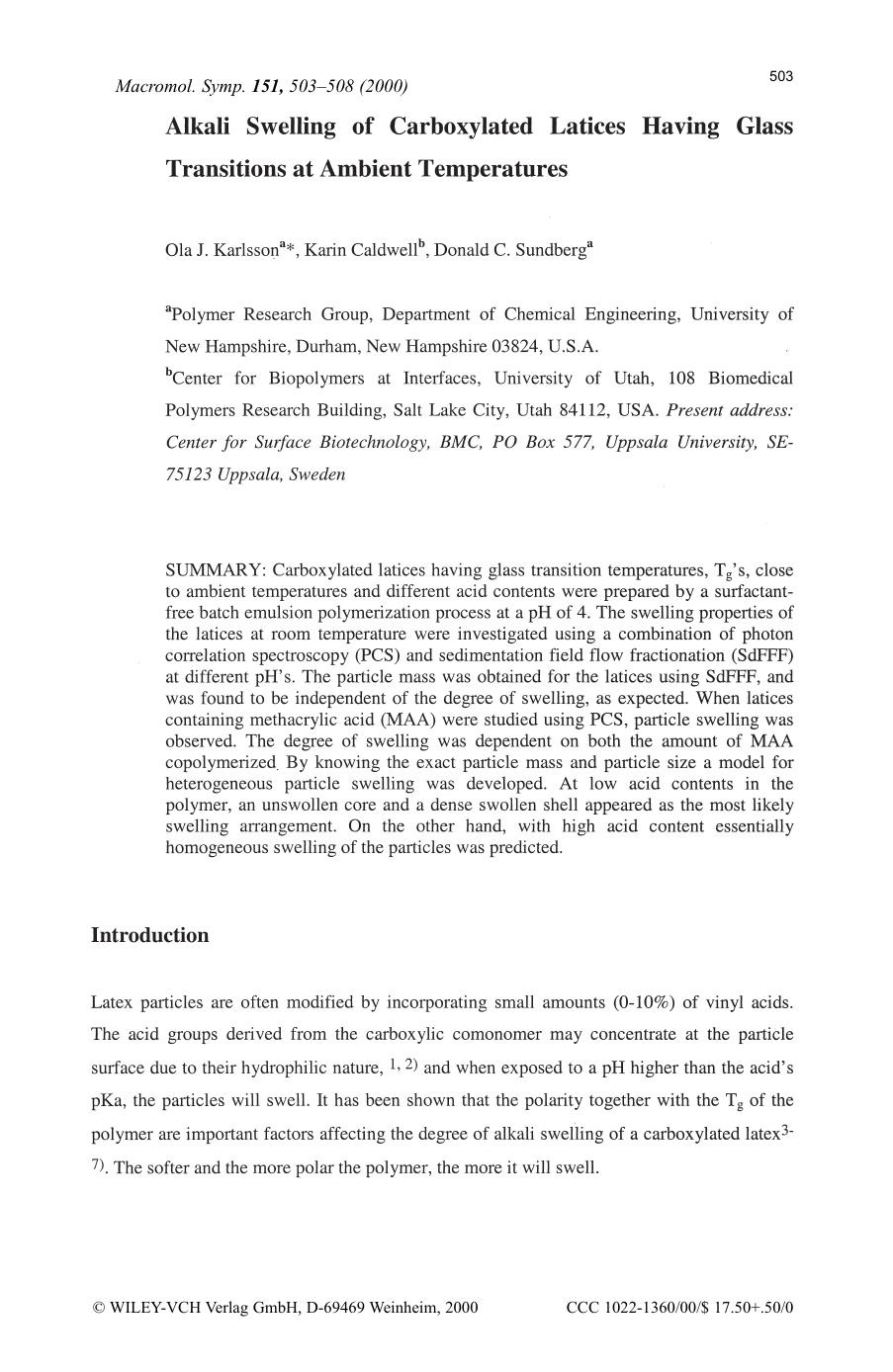Alkali swelling of carboxylated latices having glass transitions at ambient temperatures by SOD
