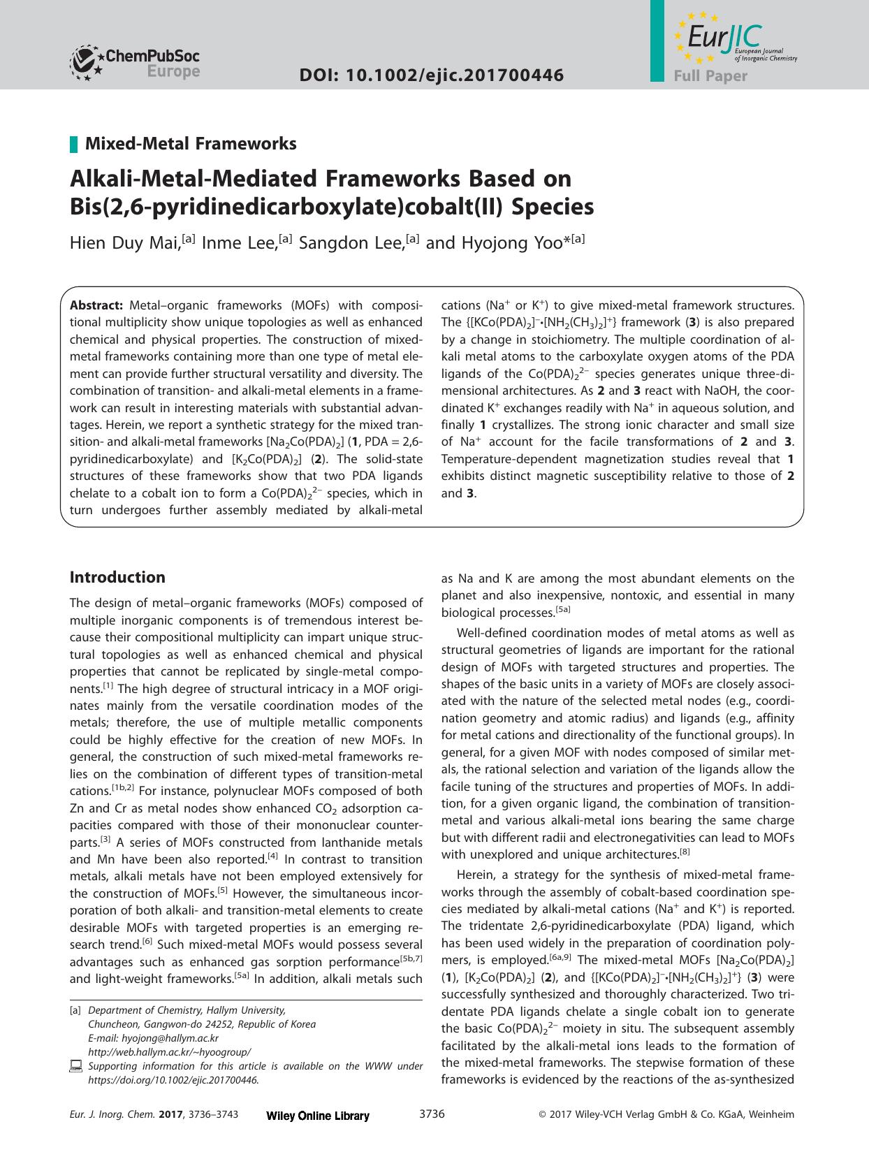 Alkali‐Metal‐Mediated Frameworks Based on Bis(2,6‐pyridinedicarboxylate)cobalt(II) Species by Unknown