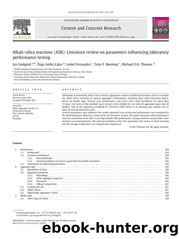 Alkaliâsilica reactions (ASR): Literature review on parameters influencing laboratory performance testing by Jan Lindgård & Özge Andiç-Çakır & Isabel Fernandes & Terje F. Rønning & Michael D.A. Thomas