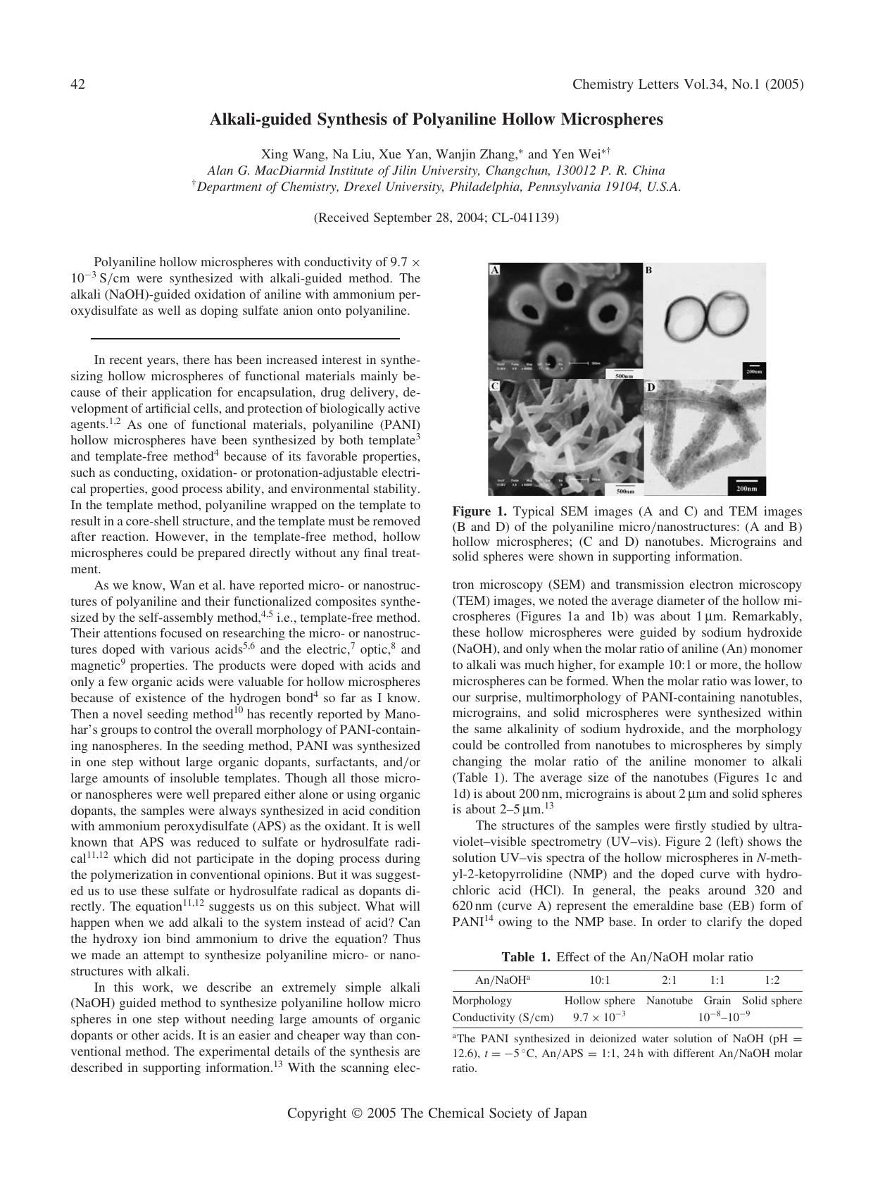 Alkali-guided Synthesis of Polyaniline Hollow Microspheres by Xing Wang Na Liu Xue Yan Wanjin Zhang and Yen Wei