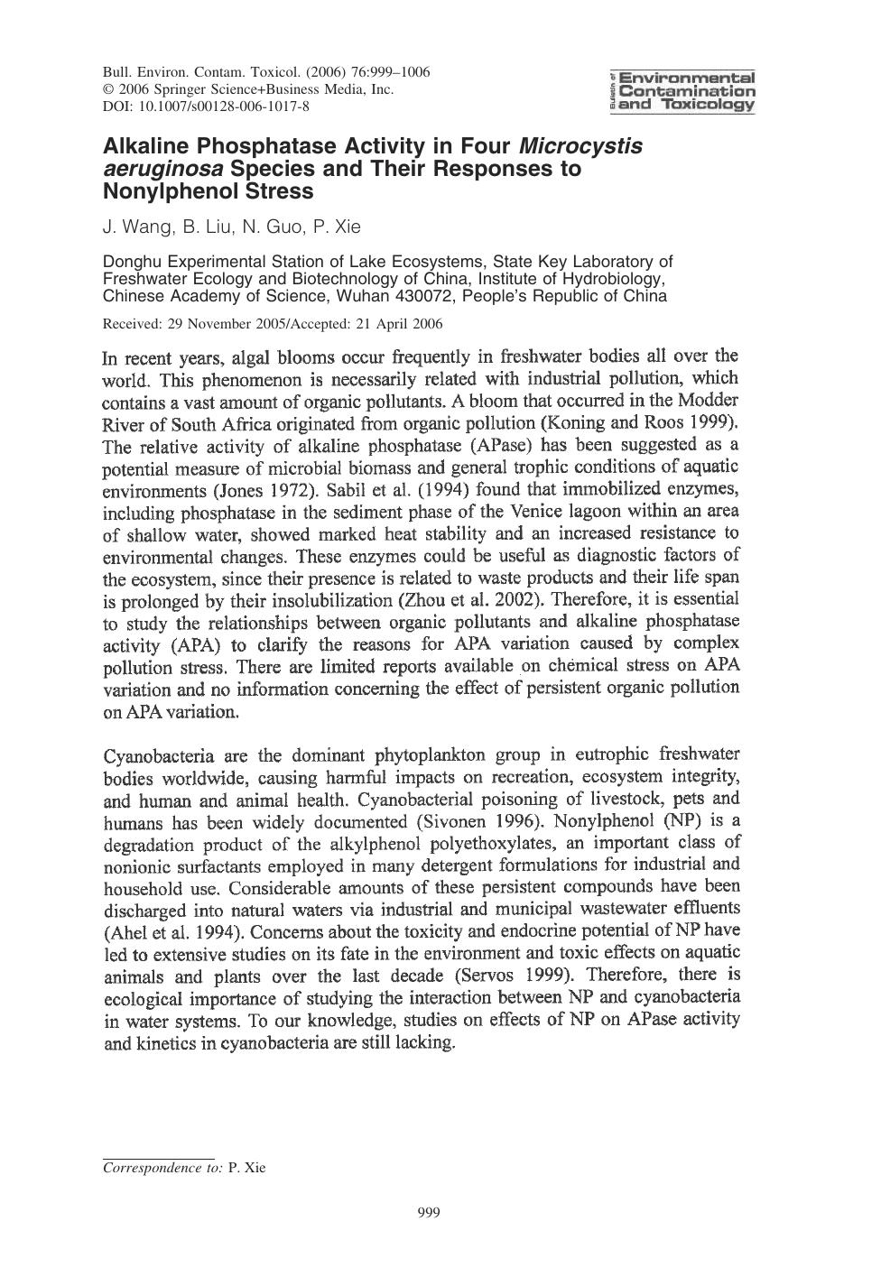 Alkaline Phosphatase Activity in Four Microcystis aeruginosa Species and Their Responses to Nonylphenol Stress by J. Wang et al