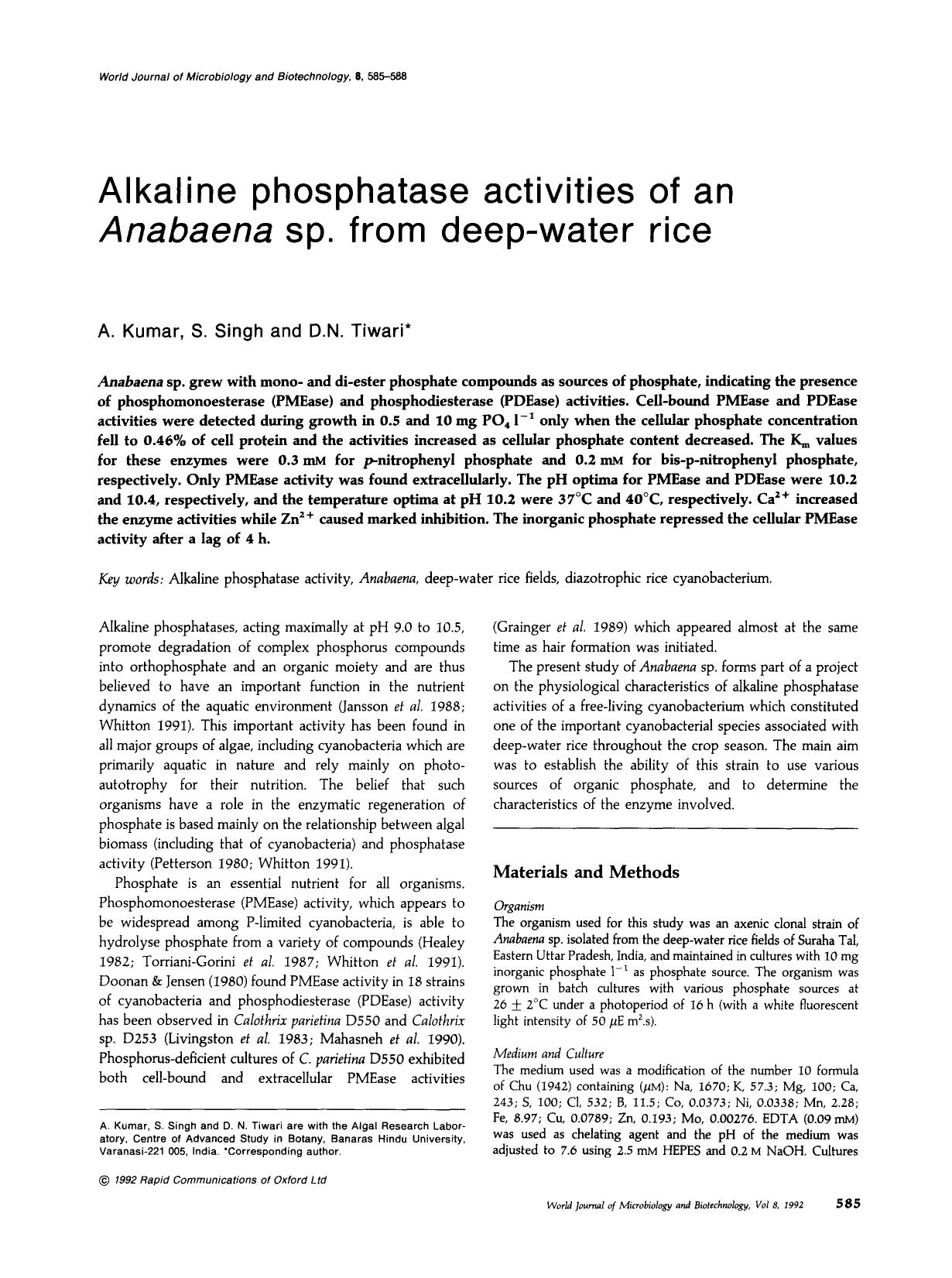 Alkaline phosphatase activities of an <Emphasis Type="Italic">Anabaena <Emphasis> sp. from deep-water rice by Unknown