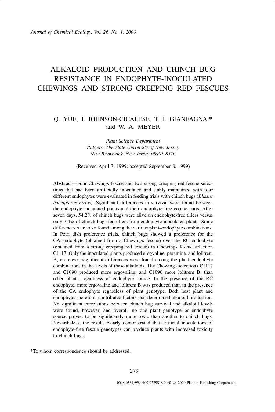 Alkaloid Production and Chinch Bug Resistance in Endophyte-Inoculated Chewings and Strong Creeping Red Fescues by Unknown