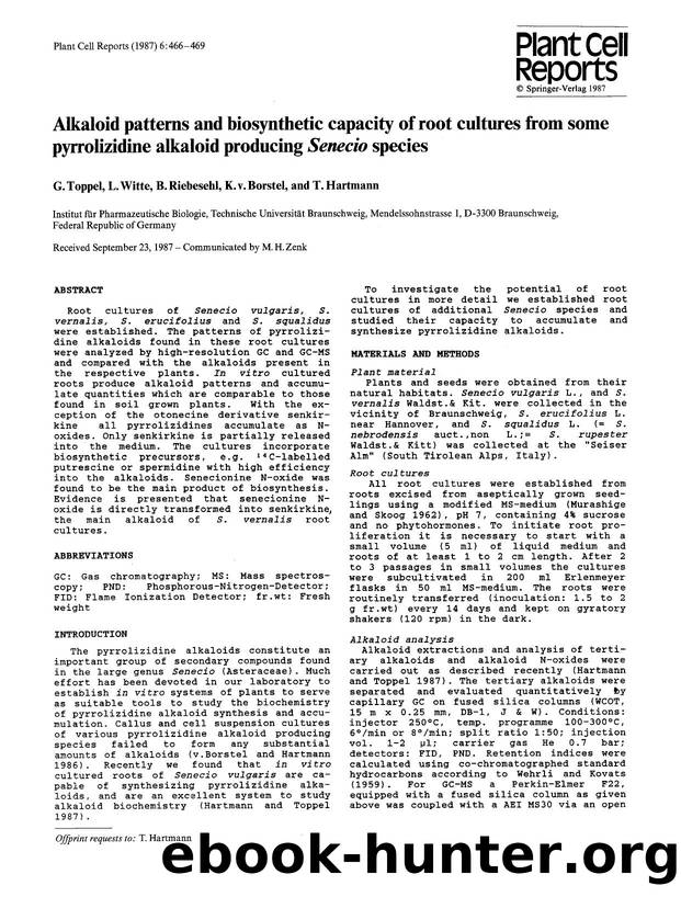 Alkaloid patterns and biosynthetic capacity of root cultures from some pyrrolizidine alkaloid producing <Emphasis Type="Italic">Senecio<Emphasis> species by Unknown