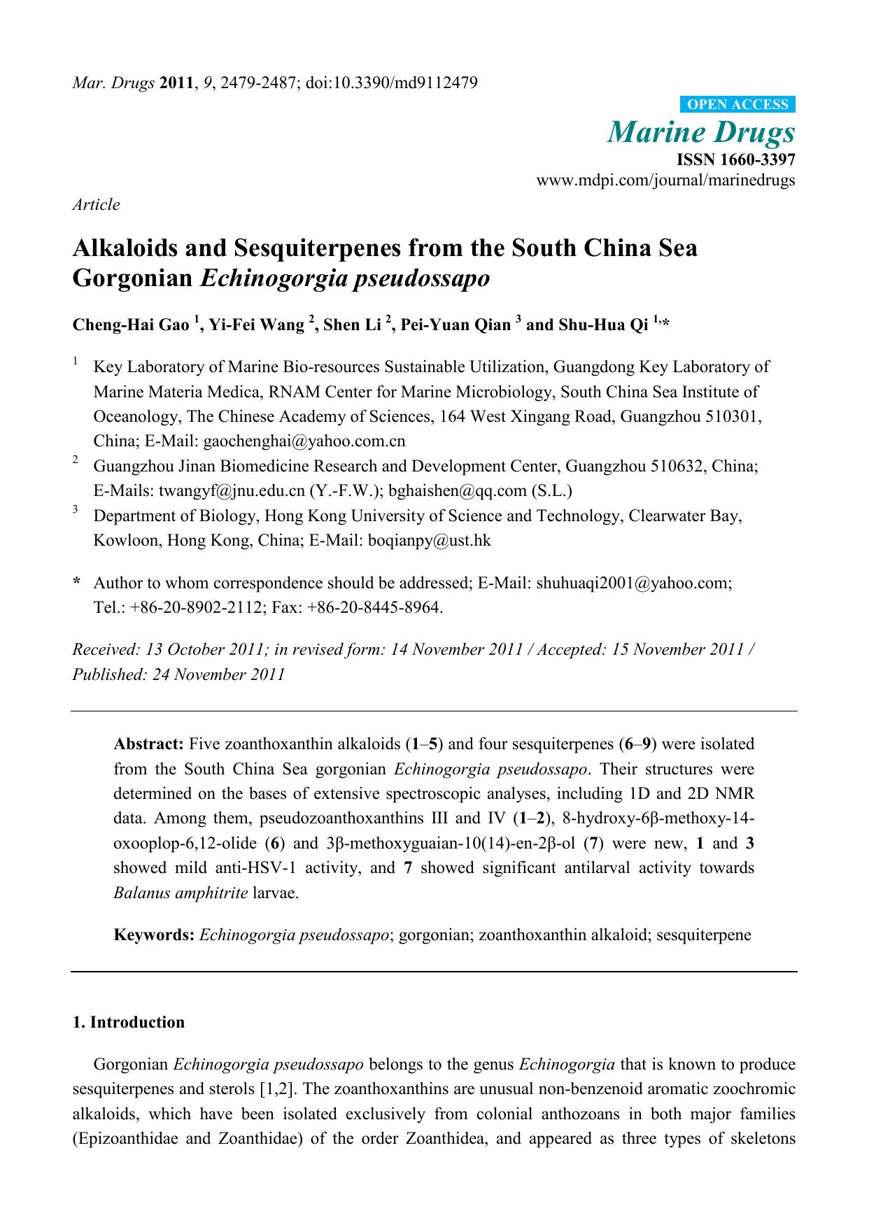 Alkaloids and Sesquiterpenes from the South China Sea Gorgonian Echinogorgia pseudossapo by Cheng-Hai Gao & Yi-Fei Wang & Shen Li & Pei-Yuan Qian & Shu-Hua Qi