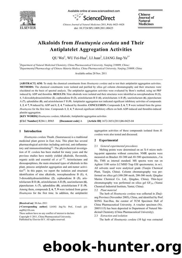 Alkaloids from Houttuynia cordata and Their Antiplatelet Aggregation Activities by Wei QU & Fei-Hua WU & Juan LI & Jing-Yu LIANG