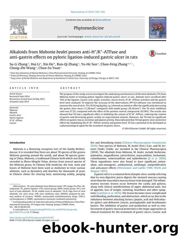 Alkaloids from Mahonia bealei posses anti-H+K+-ATPase and anti-gastrin effects on pyloric ligation-induced gastric ulcer in rats by unknow
