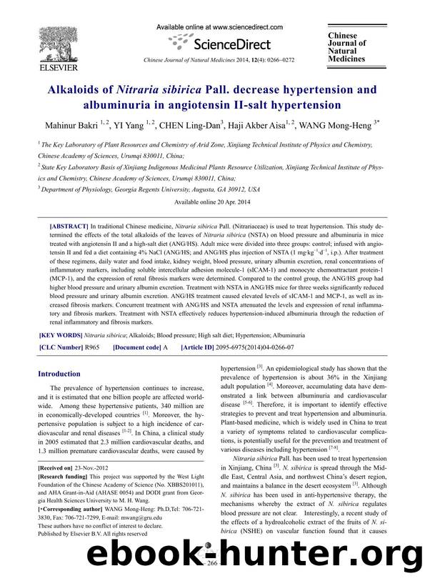 Alkaloids of Nitraria sibirica Pall. decrease hypertension and albuminuria in angiotensin II-salt hypertension by Mahinur Bakri & Yang YI & Ling-Dan CHEN & Haji Akber Aisa & Mong-Heng WANG