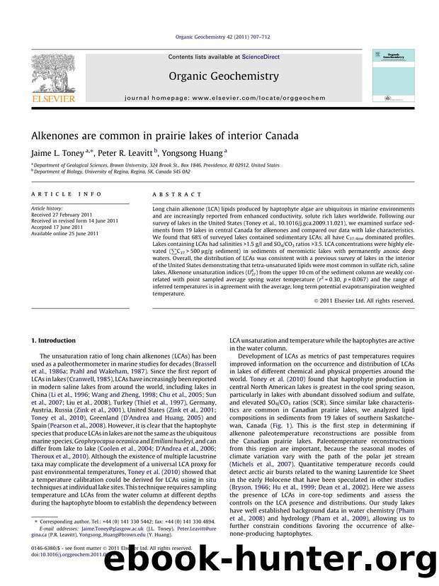Alkenones are common in prairie lakes of interior Canada by Jaime L. Toney & Peter R. Leavitt & Yongsong Huang